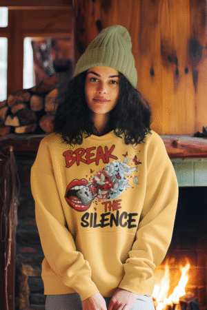 A young woman, possibly of Caucasian descent, with light brown hair pulled back, wearing a pale yellow PodLyft Women's Break the Silence Hoodie. The hoodie features a graphic of a padlocked mouth with doves and butterflies bursting out, and the text "BREAK THE SILENCE" and "RAISE YOUR VOICE." She is looking directly at the camera with a confident expression, standing against a plain light grey background.