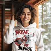 A young woman, possibly of Caucasian descent, with light brown hair pulled back, wearing a white PodLyft Women's Break the Silence Hoodie. The hoodie features a graphic of a padlocked mouth with doves and butterflies bursting out, and the text "BREAK THE SILENCE" and "RAISE YOUR VOICE." She is looking directly at the camera with a confident expression, standing against a plain light grey background.