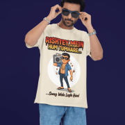 A young man, possibly of Caucasian descent, with short dark hair and a beard, wearing a black PodLyft Men's Bollywood Swag T-shirt. The t-shirt features a graphic with a funny movie dialogue. He is looking directly at the camera with a confident expression, standing against a plain light grey background.