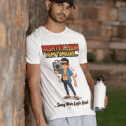 A young man, possibly of Caucasian descent, with short dark hair and a beard, wearing a white PodLyft Men's Bollywood Swag T-shirt. The t-shirt features a graphic with a funny movie dialogue. He is looking directly at the camera with a confident expression, standing against a plain light grey background.