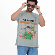 Man wearing PodLyft Engineering Stress Tee in light gray featuring 'Ma Kasam Engineer Hoon' design with cartoon engineer juggling coding tasks, paired with denim shorts and sunglasses