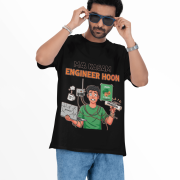 A man wearing a black PodLyft Men's Engineering Stress Tee against a white background, adjusting his sunglasses. The graphic on the shirt shows a stressed-out male engineer surrounded by broken electronics, wires, and coffee, with the Hindi text "MAA KASAM ENGINEER HOON" and a book titled "LEARN PYTHON 7 DAYS!