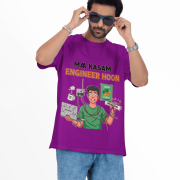 A man wearing a purple PodLyft Men's Engineering Stress Tee against a white background, adjusting his sunglasses. The graphic on the shirt shows a stressed-out male engineer surrounded by broken electronics, wires, and coffee, with the Hindi text "MAA KASAM ENGINEER HOON" and a book titled "LEARN PYTHON 7 DAYS!