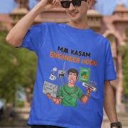 A man wearing a royal blue PodLyft Men's Engineering Stress Tee while holding his sunglasses up on a sunny day. He is standing outdoors with a large, classical building in the background. The graphic on the shirt shows a stressed-out male engineer surrounded by broken electronics, wires, and coffee, with the Hindi text "MAA KASAM ENGINEER HOON" and a book titled "LEARN PYTHON 7 DAYS!