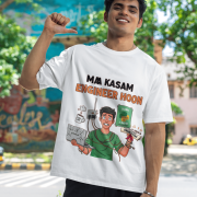 A man smiling in a white PodLyft Men's Engineering Stress Tee outdoors with a wall mural in the background. The graphic on the shirt shows a stressed-out male engineer surrounded by broken electronics, wires, and coffee, with the Hindi text "MAA KASAM ENGINEER HOON" and a book titled "LEARN PYTHON 7 DAYS!