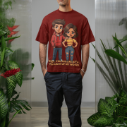 young man, possibly of Caucasian descent, with short dark hair and a beard, wearing a maroon PodLyft oversized Light Up T-shirt. The t-shirt features a graphic of a cartoon-style couple and the flirty text, "Baby You Are Like Diya, You Light Up My World." He is looking directly at the camera with a confident expression, standing against a plain light grey background.