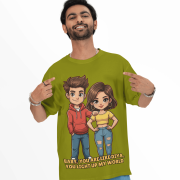 A young man, possibly of Caucasian descent, with short dark hair and a beard, wearing an olive green PodLyft oversized Light Up T-shirt. The t-shirt features a graphic of a cartoon-style couple and the flirty text, "Baby You Are Like Diya, You Light Up My World." He is looking directly at the camera with a confident expression, standing against a plain light grey background.