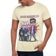Young man wearing cream-colored PodLyft Log Kya Kahenge T-shirt featuring cartoon character with sunglasses and Hindi text about social expectations, paired with dark jeans