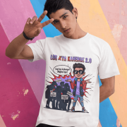 A young man, possibly of Caucasian descent, with short dark hair and a beard, wearing a white PodLyft Log Kya Kahenge T-shirt. The t-shirt features a funny social parody graphic with Hindi text. He is looking directly at the camera with a confident expression, standing against a plain light grey background.