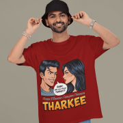 A young man, possibly of Caucasian descent, with short dark hair and a beard, wearing a maroon PodLyft t-shirt. The t-shirt features a humorous graphic with the Hindi word "THARKEE." He is looking directly at the camera with a confident expression, standing against a plain light grey background.