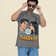Man wearing a PodLyft's Tharkee T-shirt with a comic-style design and the text “Baby, are you from Turkey? Cause whenever I see you I become Tharkee,” paired with blue denim shorts.