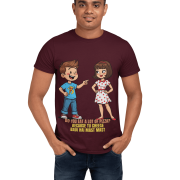 Man wearing a PodLyft Men’s Cheesy Pickup Line T-shirt featuring a cartoon boy and girl illustration with the humorous text “Do you eat a lot of pizza? Because tu cheese badi hai mast mast” in bold yellow and white lettering.