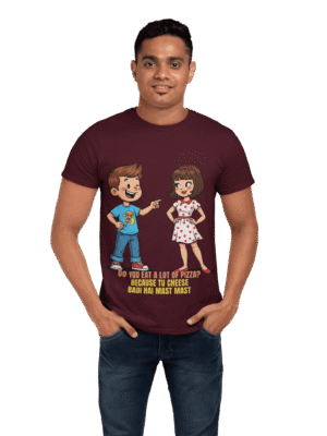 Man wearing a PodLyft Men’s Cheesy Pickup Line T-shirt featuring a cartoon boy and girl illustration with the humorous text “Do you eat a lot of pizza? Because tu cheese badi hai mast mast” in bold yellow and white lettering.