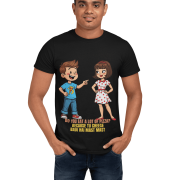 PodLyft Cheesy Pickup Line T-shirt in black, worn by a smiling man in a studio setting. The shirt features a cartoon boy pointing at a cartoon girl, with text 'DO YOU EAT A LOT OF PIZZA? BECAUSE TU CHEESE BADI HAI MAST MAST'.