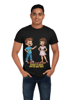 PodLyft Cheesy Pickup Line T-shirt in black, worn by a smiling man in a studio setting. The shirt features a cartoon boy pointing at a cartoon girl, with text 'DO YOU EAT A LOT OF PIZZA? BECAUSE TU CHEESE BADI HAI MAST MAST'.