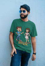 PodLyft Cheesy Pickup Line T-shirt in bottle green, modeled by a man with a beard and sunglasses leaning against a wall. The shirt displays the funny pizza pickup line graphic.