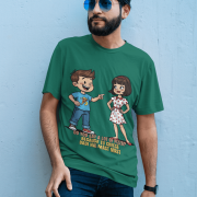 PodLyft Cheesy Pickup Line T-shirt in bottle green, modeled by a man with a beard and sunglasses leaning against a wall. The shirt displays the funny pizza pickup line graphic.