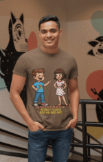 PodLyft Cheesy Pickup Line T-shirt in coffee brown, worn by a smiling man in a studio setting. The shirt features a cartoon boy pointing at a cartoon girl, with text 'DO YOU EAT A LOT OF PIZZA? BECAUSE TU CHEESE BADI HAI MAST MAST'.