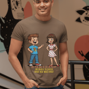 PodLyft Cheesy Pickup Line T-shirt in coffee brown, worn by a smiling man in a studio setting. The shirt features a cartoon boy pointing at a cartoon girl, with text 'DO YOU EAT A LOT OF PIZZA? BECAUSE TU CHEESE BADI HAI MAST MAST'.