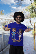 PodLyft Cheesy Pickup Line T-shirt in navy blue, worn by a smiling man in a hat and sunglasses, pointing to the shirt's funny graphic.