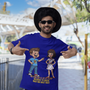 PodLyft Cheesy Pickup Line T-shirt in navy blue, worn by a smiling man in a hat and sunglasses, pointing to the shirt's funny graphic.