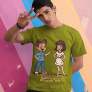 PodLyft Cheesy Pickup Line T-shirt in olive green, worn by a man making a peace sign against a colorful striped wall. The shirt features the 'Tu Cheese Badi Hai Mast Mast' pizza pickup line design.