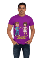 PodLyft Cheesy Pickup Line T-shirt in purple, worn by a smiling man in a studio setting. The shirt features a cartoon boy pointing at a cartoon girl, with text 'DO YOU EAT A LOT OF PIZZA? BECAUSE TU CHEESE BADI HAI MAST MAST'.