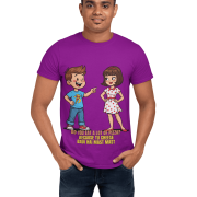 PodLyft Cheesy Pickup Line T-shirt in purple, worn by a smiling man in a studio setting. The shirt features a cartoon boy pointing at a cartoon girl, with text 'DO YOU EAT A LOT OF PIZZA? BECAUSE TU CHEESE BADI HAI MAST MAST'.