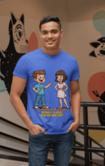 PodLyft Cheesy Pickup Line T-shirt in royal blue, worn by a smiling man in a studio setting. The shirt features a cartoon boy pointing at a cartoon girl, with text 'DO YOU EAT A LOT OF PIZZA? BECAUSE TU CHEESE BADI HAI MAST MAST'.
