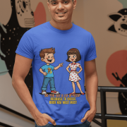 PodLyft Cheesy Pickup Line T-shirt in royal blue, worn by a smiling man in a studio setting. The shirt features a cartoon boy pointing at a cartoon girl, with text 'DO YOU EAT A LOT OF PIZZA? BECAUSE TU CHEESE BADI HAI MAST MAST'.