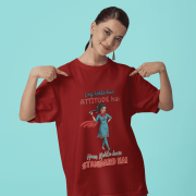 Maroon Desi Swag Oversized Tee from PodLyft. A model points to the "Log kehte hain ATTITUDE hai" text on her deep red oversized graphic t-shirt.