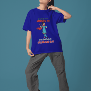Navy Blue Desi Swag Oversized Tee for women from PodLyft. A stylish dark blue graphic t-shirt with a "Standard Hai" Hindi slogan and a colorful illustration of a woman in traditional wear.