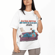 White Modern Beti Oversized T-shirt – Zero Kaam Attitude Edition from PodLyft. A clean white streetwear t-shirt featuring a sarcastic Hindi slogan and a colorful graphic print of a girl lounging.