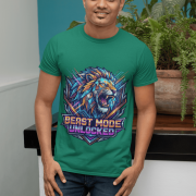 Bottle Green Beast Mode Unlocked Sports T-shirt for men from PodLyft. A man stands in a garden setting wearing a green tee with a vibrant geometric lion print.