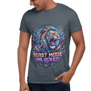 Charcoal Grey Beast Mode Unlocked Sports T-shirt for men by PodLyft. A male model looks down while wearing a dark grey graphic tee with a vibrant, cyberpunk-style lion head design.