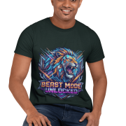 Dark Green Beast Mode Unlocked Sports T-shirt for men by PodLyft. A smiling model sits wearing a forest green graphic t-shirt featuring a stylized geometric lion head and motivation text.