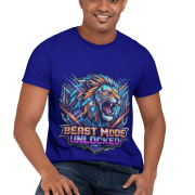 Navy Blue Beast Mode Unlocked Sports T-shirt for men from PodLyft. A man sits on a stool smiling, wearing a dark blue t-shirt with a colorful geometric lion print and bold typography.