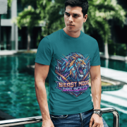 Petrol Blue Beast Mode Unlocked Sports T-shirt for men from PodLyft. A man holding sunglasses poses by a pool in a teal-blue graphic tee featuring the "Beast Mode Unlocked" lion design.