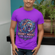 Purple Beast Mode Unlocked Sports T-shirt for men by PodLyft. A man stands indoors near plants wearing a bright purple tee featuring a fierce, multi-colored lion illustration.