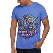 Royal Blue Beast Mode Unlocked Sports T-shirt for men by PodLyft. A model wearing a bright blue graphic tee looks down, showcasing the colorful "Beast Mode Unlocked" lion design.