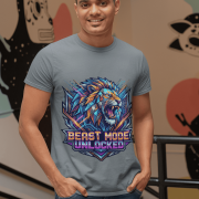 Steel Gray Beast Mode Unlocked Sports T-shirt for men by PodLyft. A man poses in a medium grey t-shirt featuring a colorful, futuristic lion graphic and "Beast Mode" text.